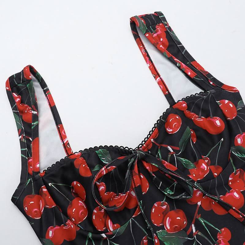 V neck cherry print backless mini dress  | Festival Outfits Women