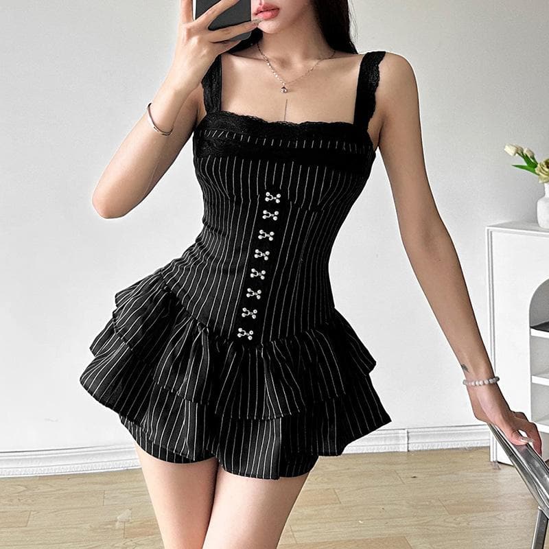 Lace hem striped button ruched cami romper-final-sale