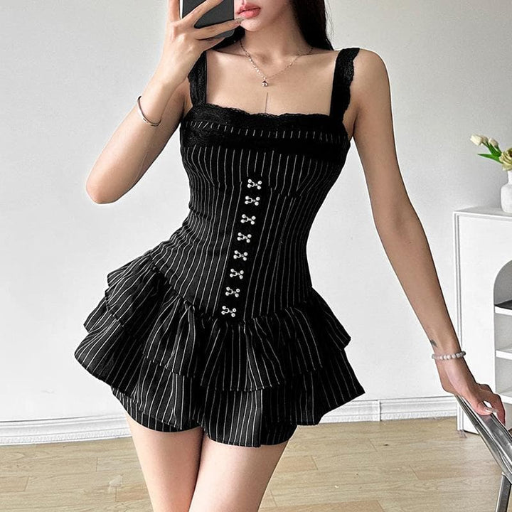 Lace hem striped button ruched cami romper-final-sale