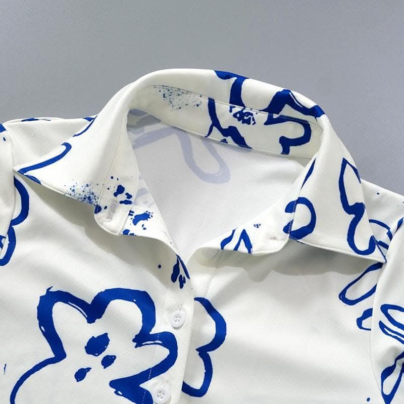 Turnover collar button contrast print long sleeve top-final-sale  | Festival Outfits Women