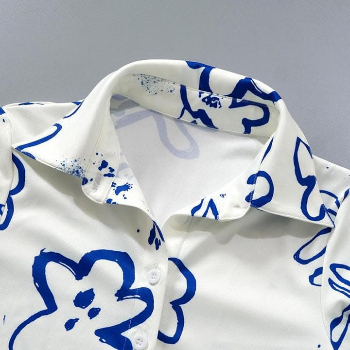 Turnover collar button contrast print long sleeve top-final-sale  | Festival Outfits Women