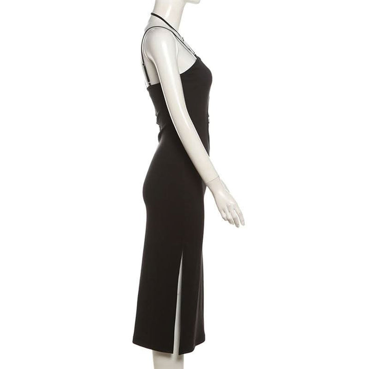 Irregular hollow out halter o ring cami slit cut out midi dress  | Festival Outfits Women