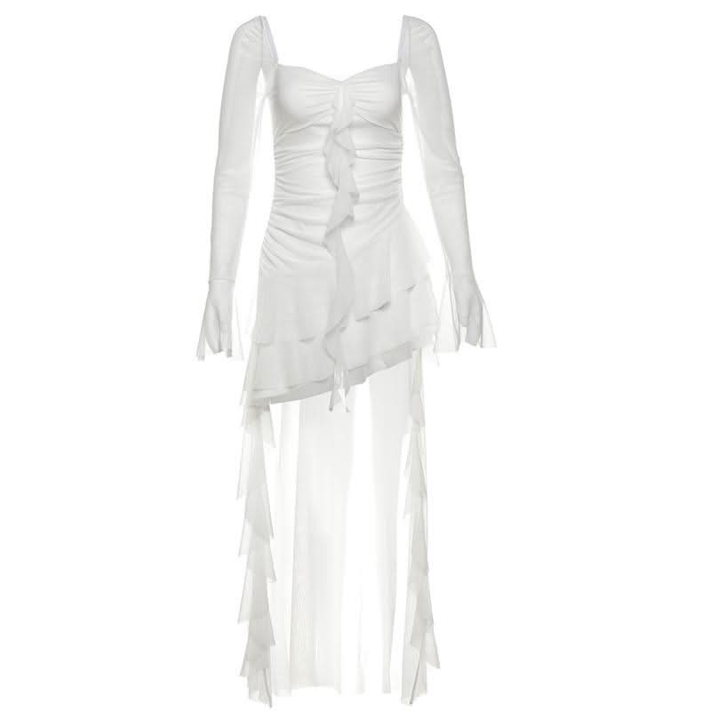 Long flared sleeve irregular mesh ruched mini dress  | Festival Outfits Women