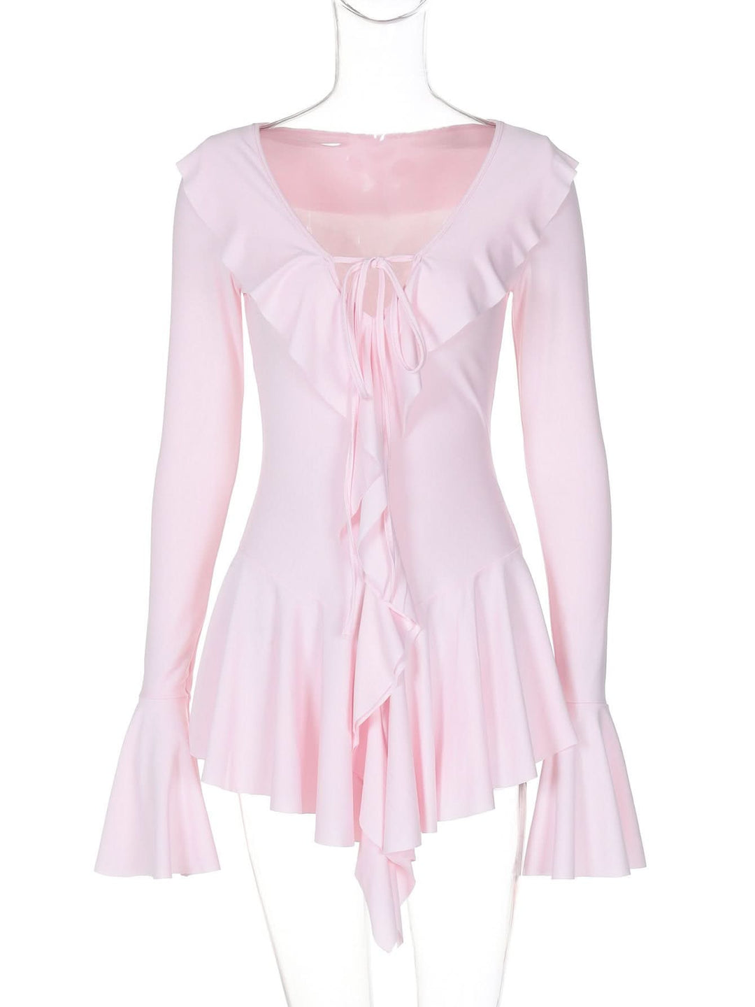 V neck long flared sleeve self tie ruffle mini dress  | Festival Outfits Women