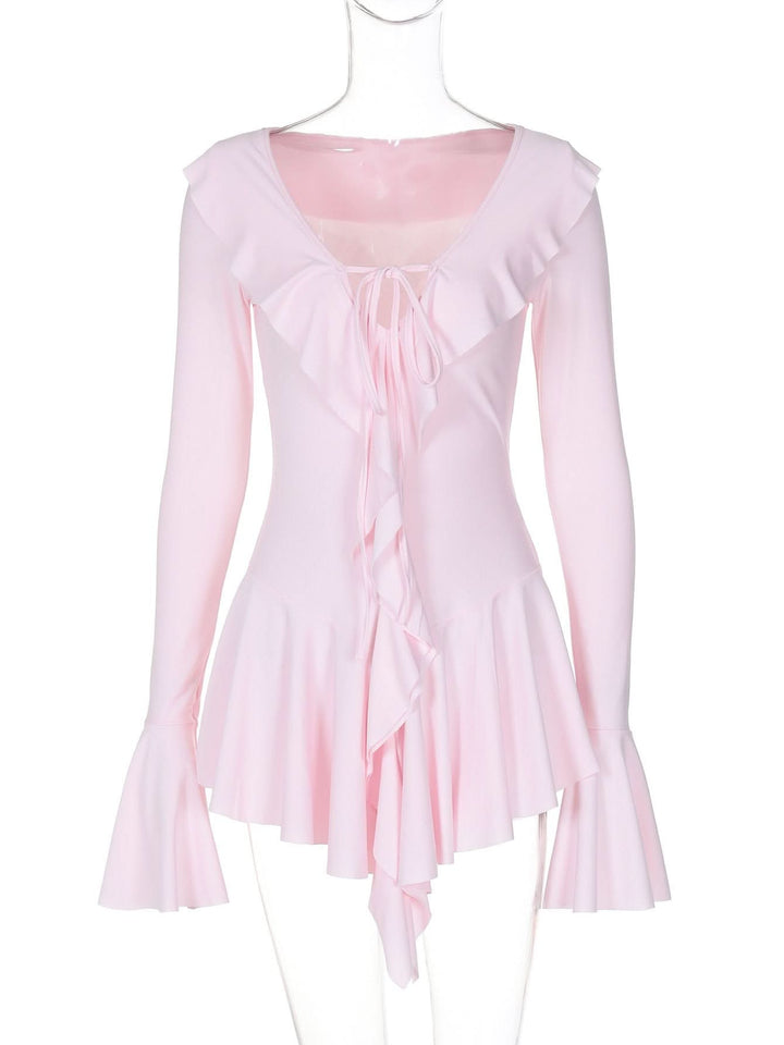 V neck long flared sleeve self tie ruffle mini dress  | Festival Outfits Women