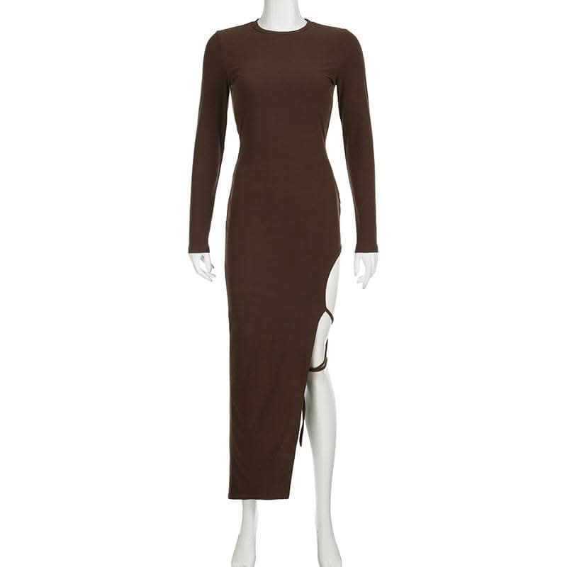Self tie irregular long sleeve slit crewneck solid midi dress-final-sale  | Festival Outfits Women