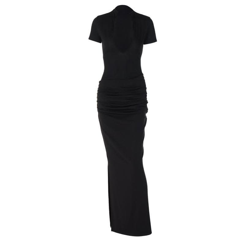 Short sleeve v neck ruched low cut slit solid maxi dress-final-sale  | Festival Outfits Women