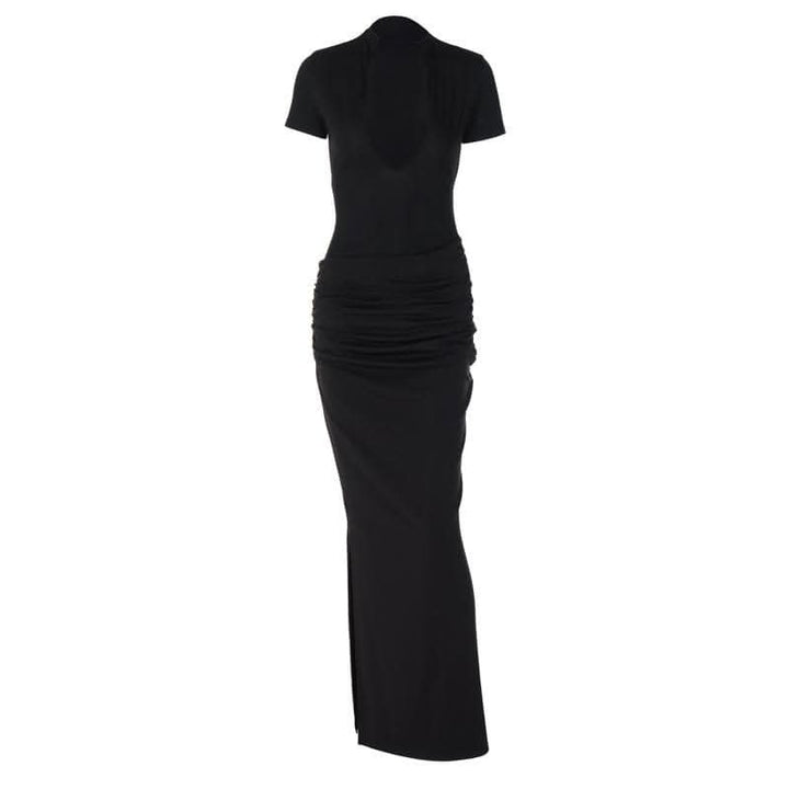 Short sleeve v neck ruched low cut slit solid maxi dress-final-sale  | Festival Outfits Women