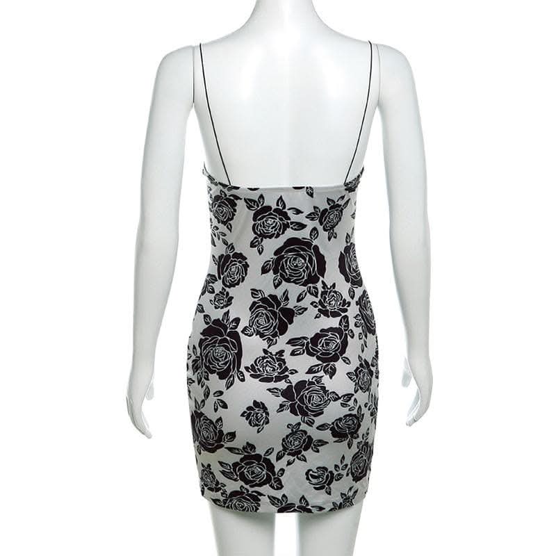 Rose print lace hem contrast spaghetti strap mini dress-final-sale