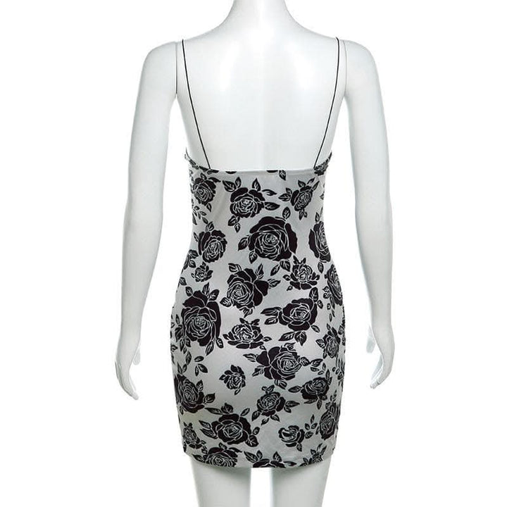 Rose print lace hem contrast spaghetti strap mini dress-final-sale