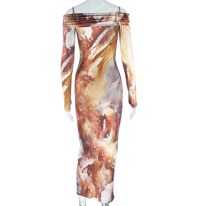 Long sleeve off shoulder ruched tie dye midi dress  | Festival Outfits Women