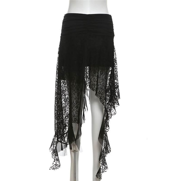Lace mesh patchwork ruched ruffle midi skirt  | Festival Outfits Women