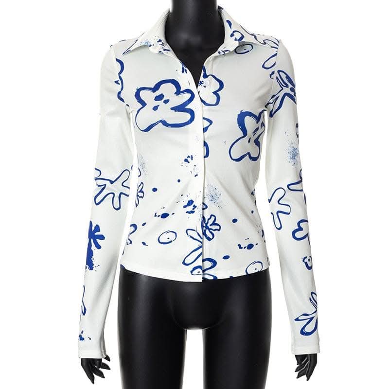 Turnover collar button contrast print long sleeve top-final-sale  | Festival Outfits Women