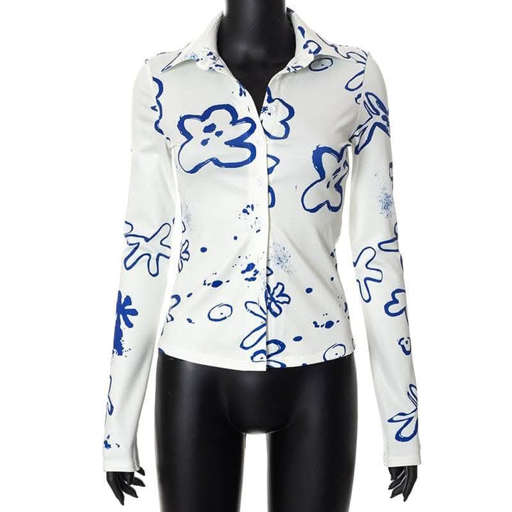 Turnover collar button contrast print long sleeve top-final-sale  | Festival Outfits Women