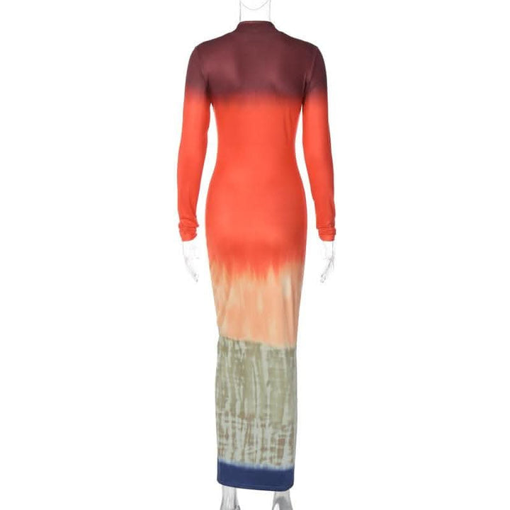 Tie dye print long sleeve high neck contrast maxi dress-final-sale  | Festival Outfits Women