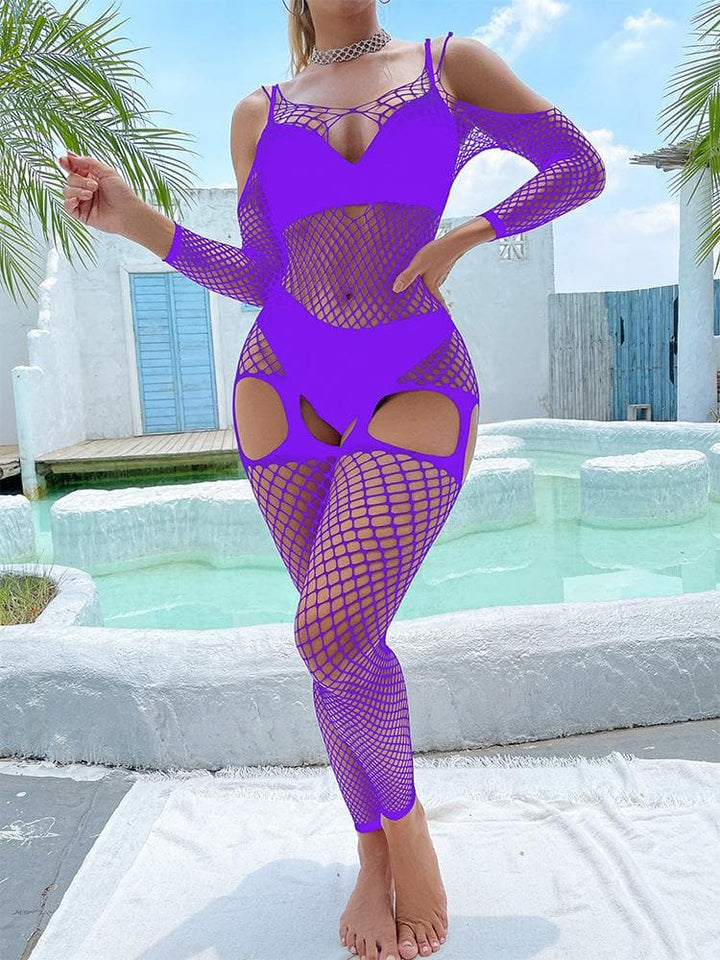Fishnet hollow out off shoulder open crotch bodystocking  | Festival Outfits Women