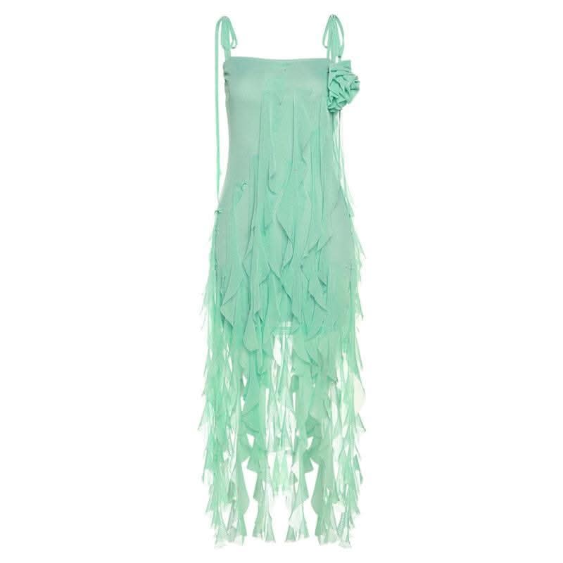 Ruffle solid self tie mesh flower applique ribbon midi dress-final-sale  | Festival Outfits Women