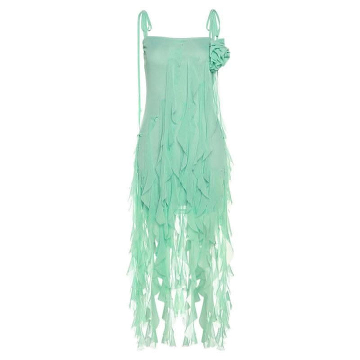 Ruffle solid self tie mesh flower applique ribbon midi dress-final-sale  | Festival Outfits Women