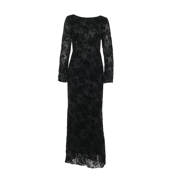 Round neck long sleeve self tie flower print maxi dress  | Festival Outfits Women