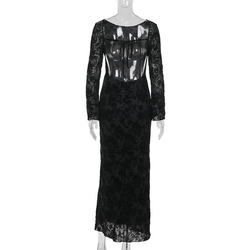 Round neck long sleeve self tie flower print maxi dress  | Festival Outfits Women