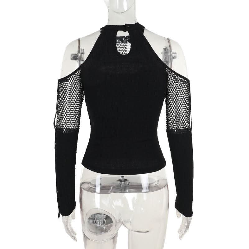 Off shoulder long sleeve fishnet patchwork buckle top  | Festival Outfits Women