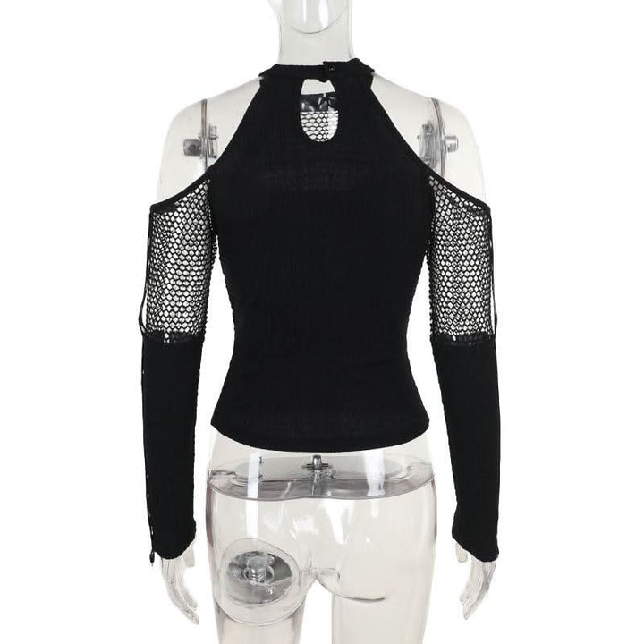 Off shoulder long sleeve fishnet patchwork buckle top  | Festival Outfits Women