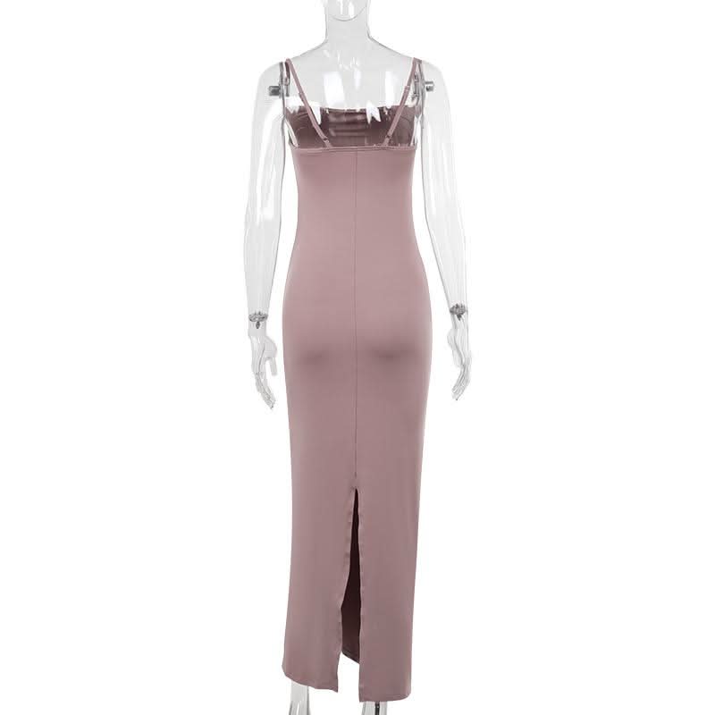 Ruched slit square neck solid cami maxi dress  | Festival Outfits Women