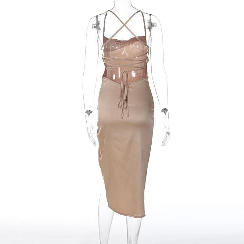 Sleeveless cross back cowl neck slit lace up self tie backless midi dress-final-sale