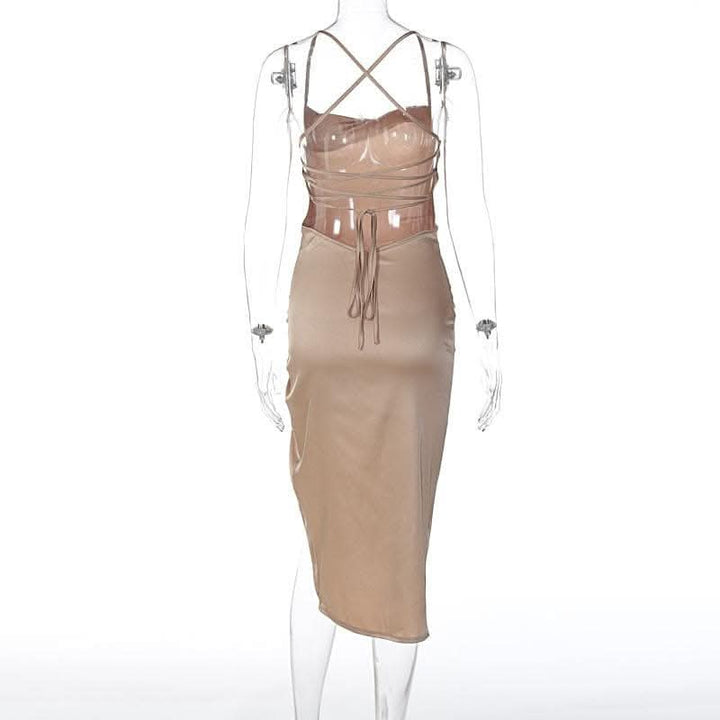 Sleeveless cross back cowl neck slit lace up self tie backless midi dress-final-sale