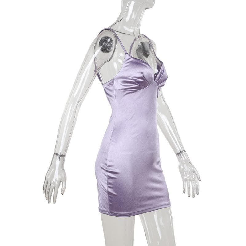 V neck satin ruched solid cami mini dress  | Festival Outfits Women