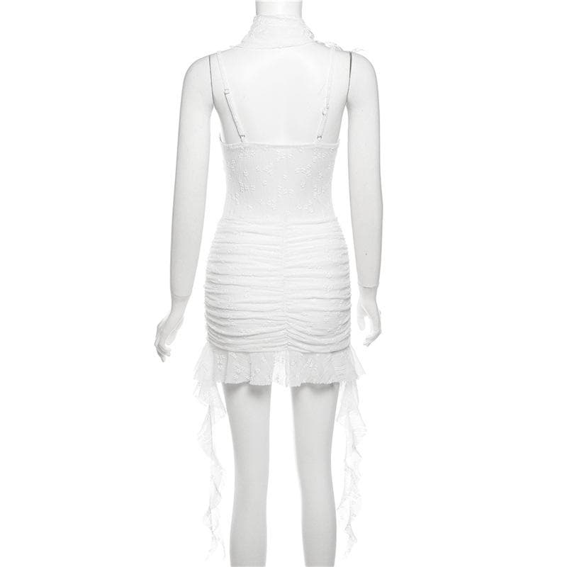 Ruched ruffle lace 2-way v neck cami mini dress  | Festival Outfits Women