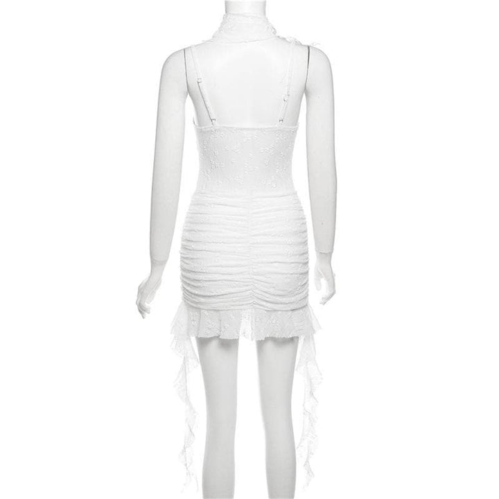 Ruched ruffle lace 2-way v neck cami mini dress  | Festival Outfits Women