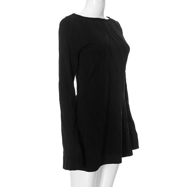 Long sleeve textured crewneck solid mini dress-final-sale  | Festival Outfits Women