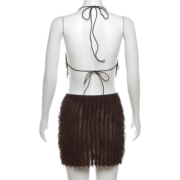 Halter backless textured cowl neck mini skirt set  | Festival Outfits Women