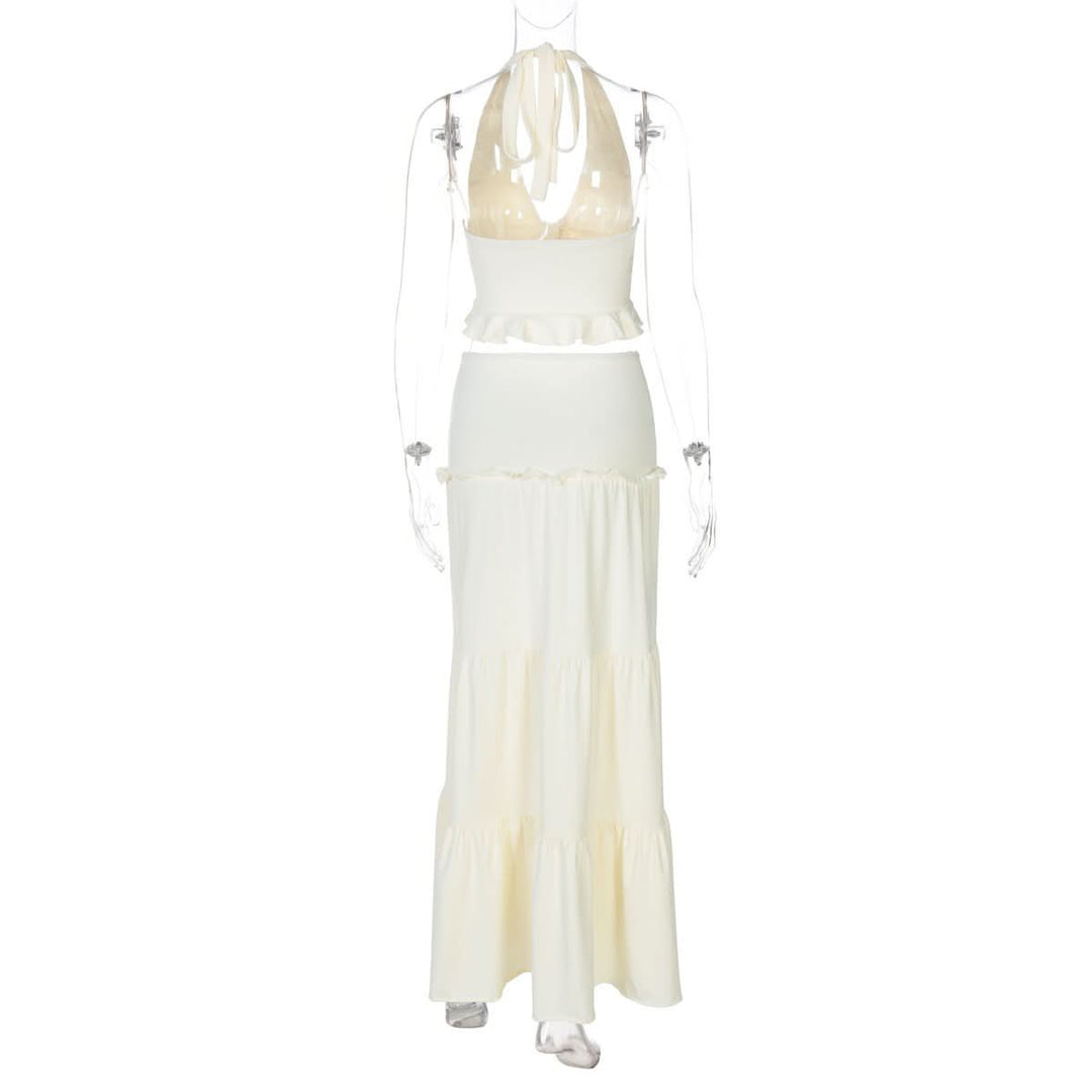 Halter v neck ruffle ruched maxi dress skirt set  | Festival Outfits Women