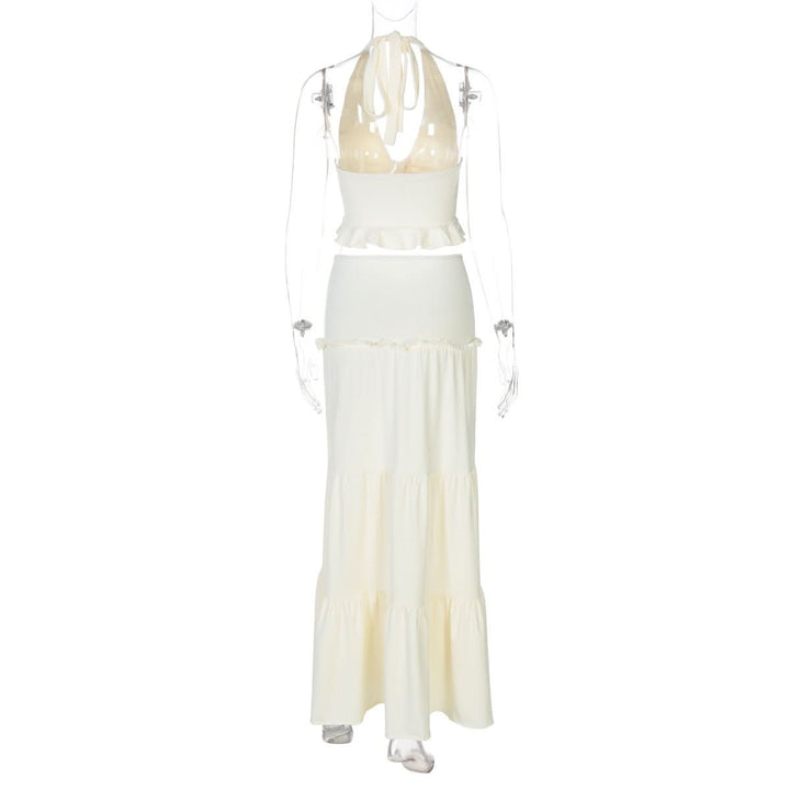 Halter v neck ruffle ruched maxi dress skirt set  | Festival Outfits Women