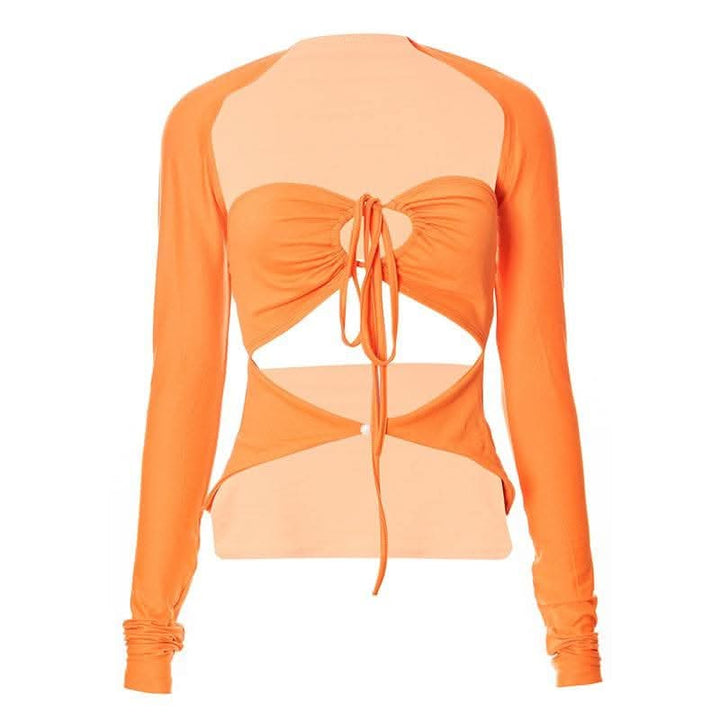 Drawstring hollow out button solid 2 piece shrug tube cut out top-final-sale  | Festival Outfits Women