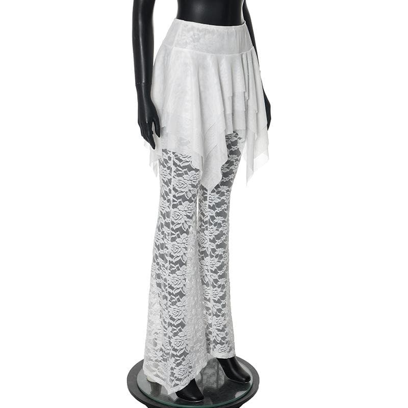 Ruched lace ruffle solid high rise pant-final-sale