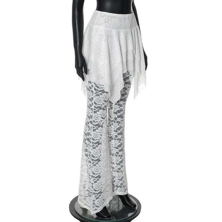 Ruched lace ruffle solid high rise pant-final-sale
