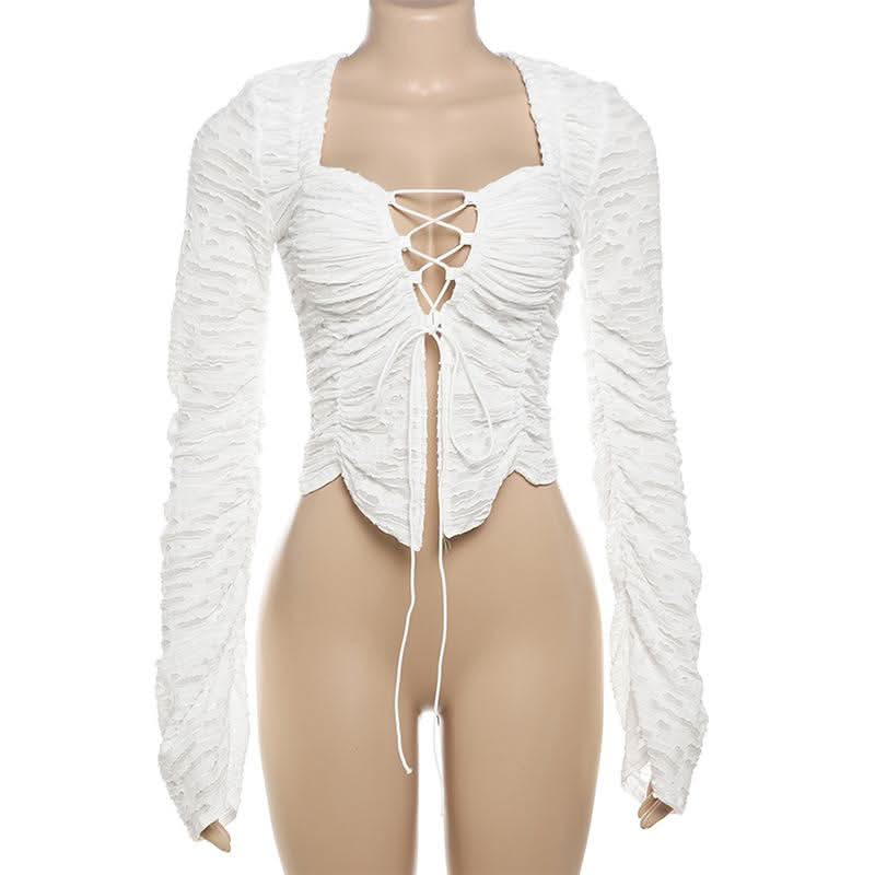 Long sleeve cross front textured top  | Festival Outfits Women