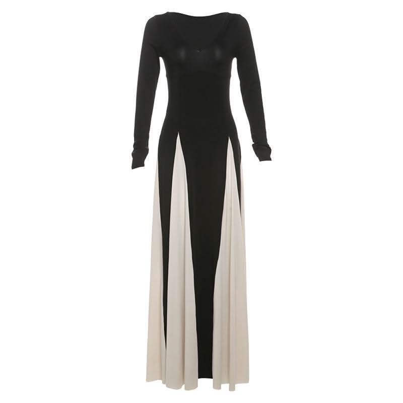Long sleeve v neck contrast patchwork maxi dress  | Festival Outfits Women