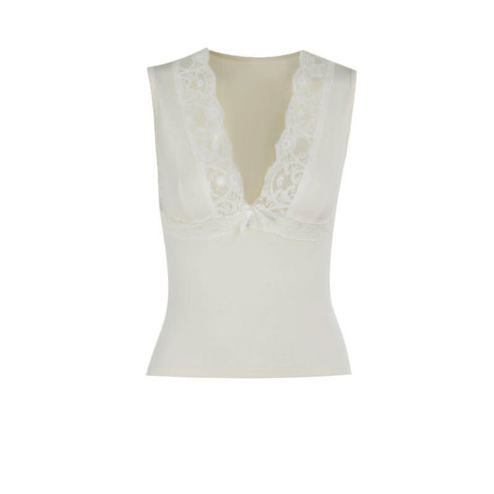 Lace hem deep V neck bowknot solid top  | Festival Outfits Women