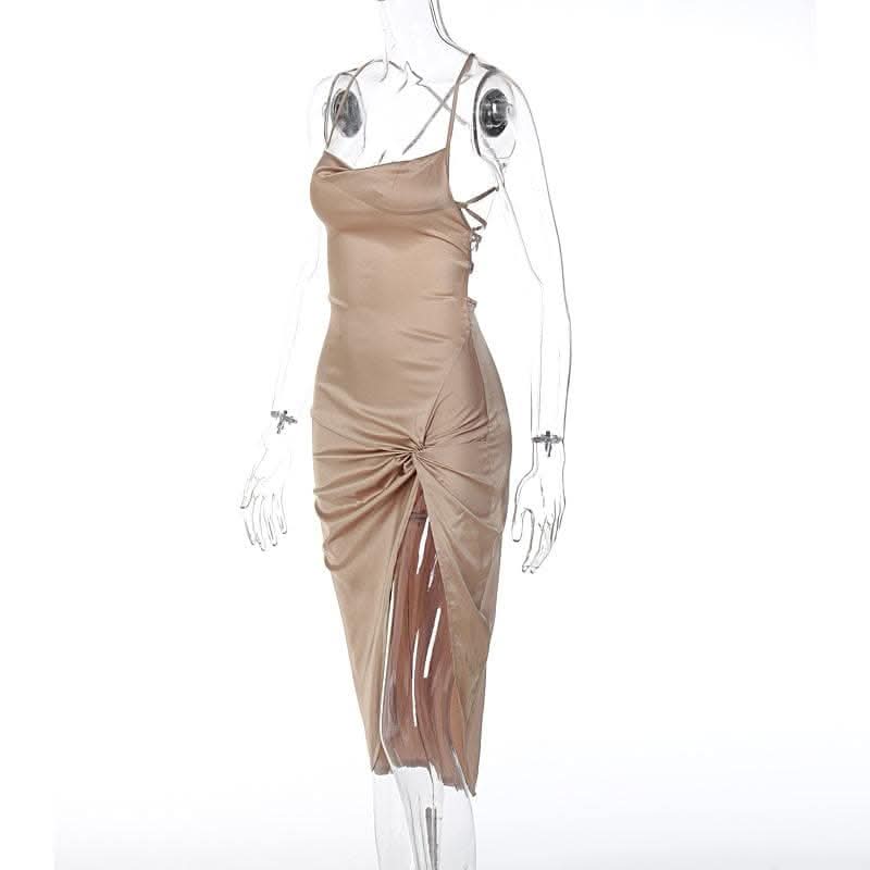 Sleeveless cross back cowl neck slit lace up self tie backless midi dress-final-sale