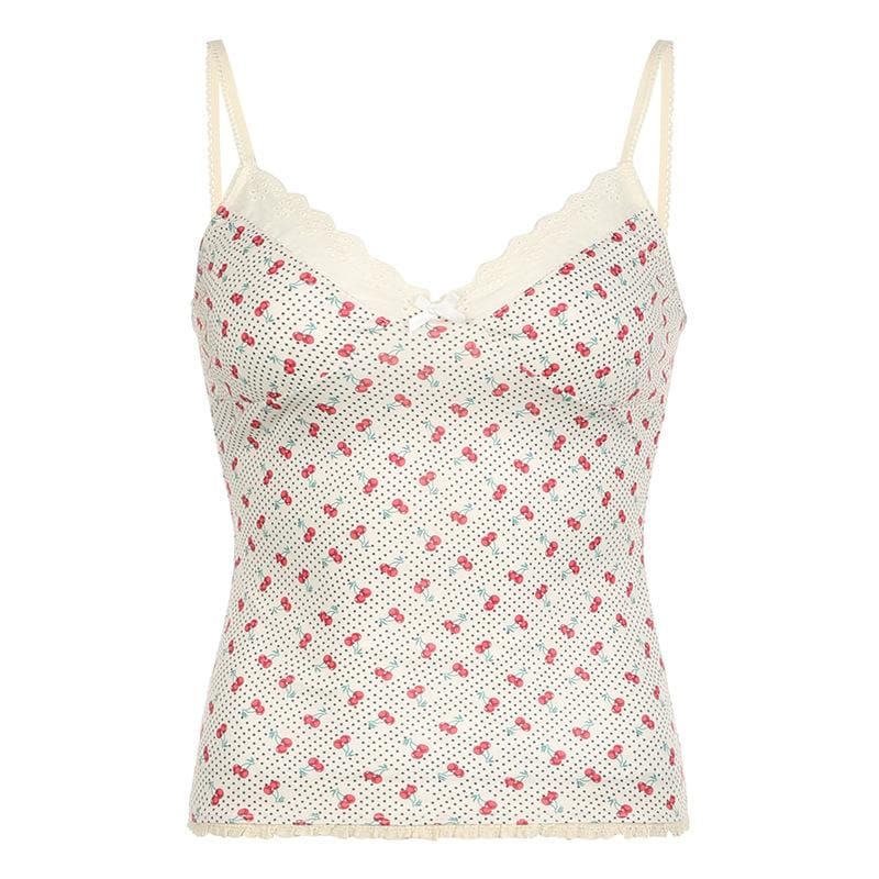 Tufafin V na wuyan ceri mai siffar bowknot lace mai launin polka dot cami | Kayan Biki na Mata