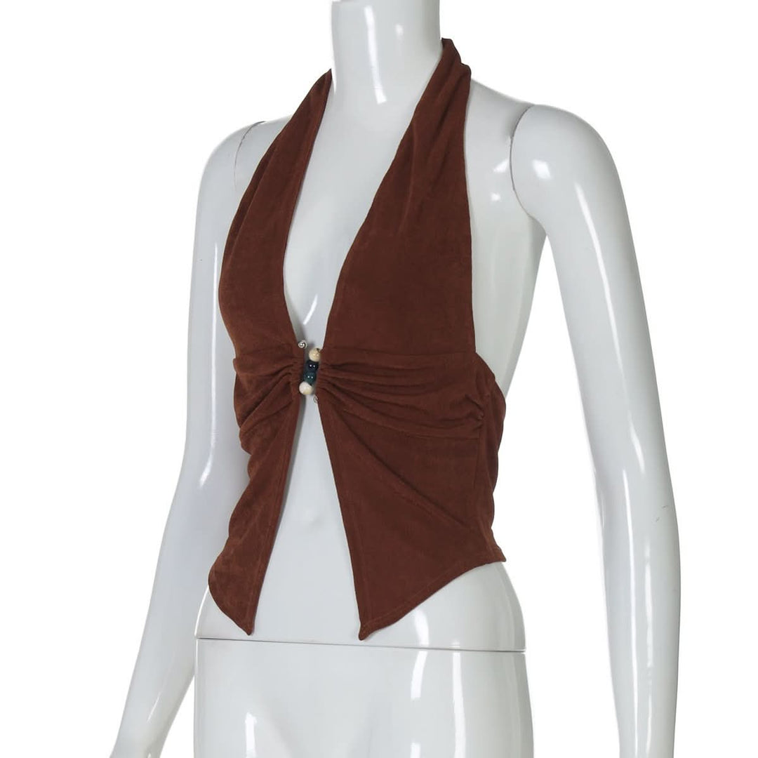 Halter deep V neck beaded ruched slit top  | Festival Outfits Women