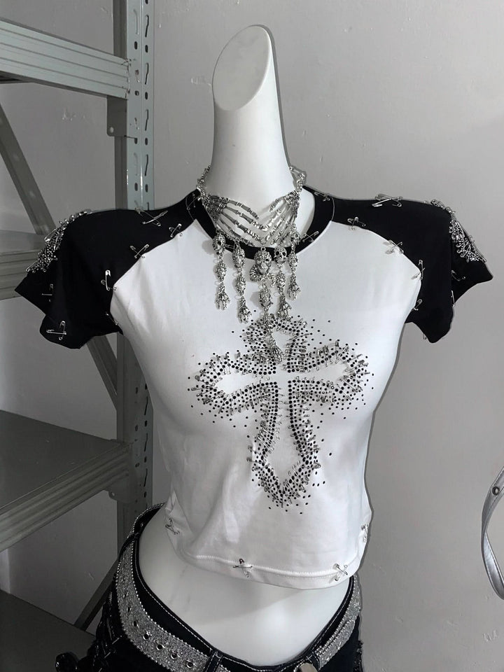 Cross pattern beaded mesh flower applique short pant set  | Festival Outfits Women