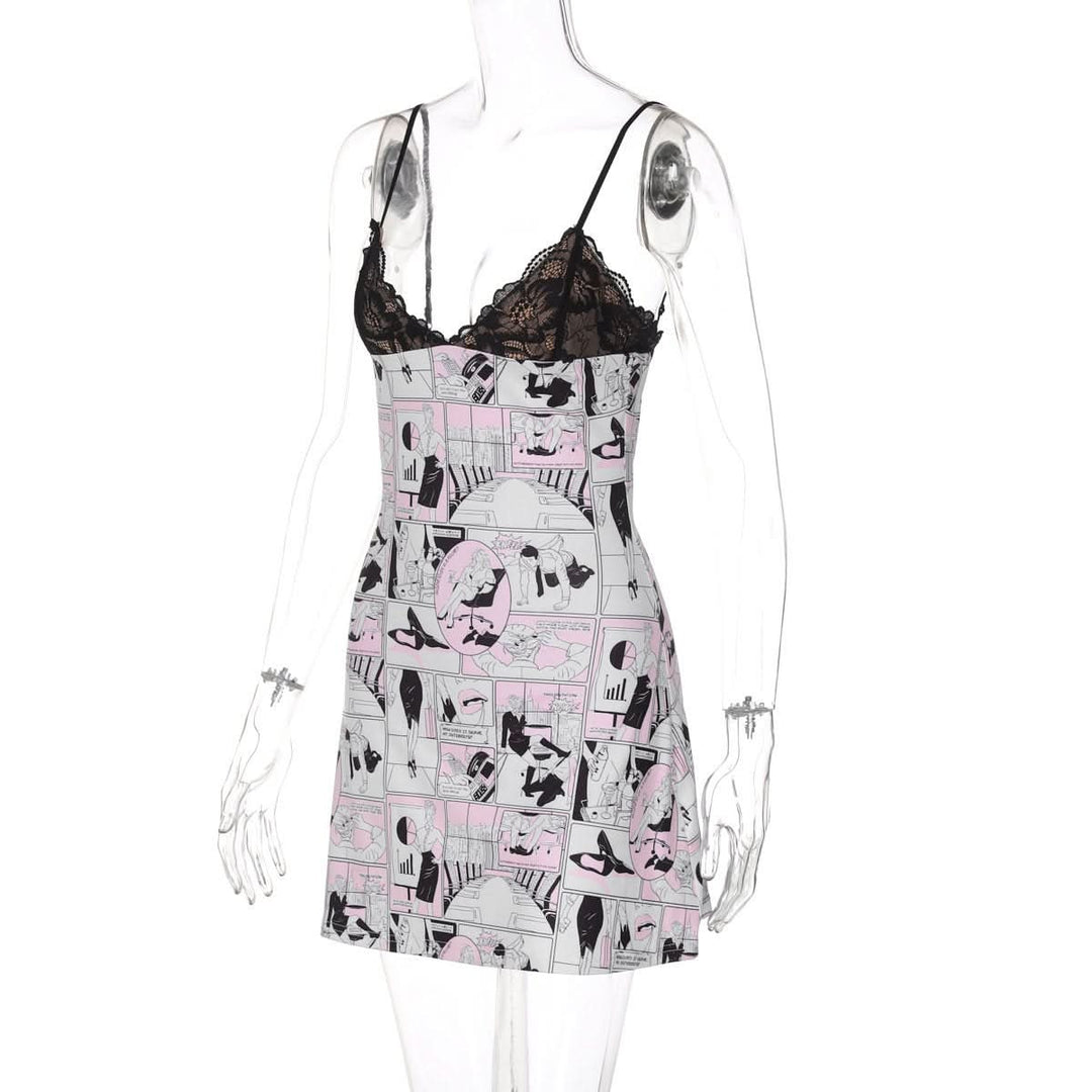 V neck abstract lace cami mini dress  | Festival Outfits Women-final-sale