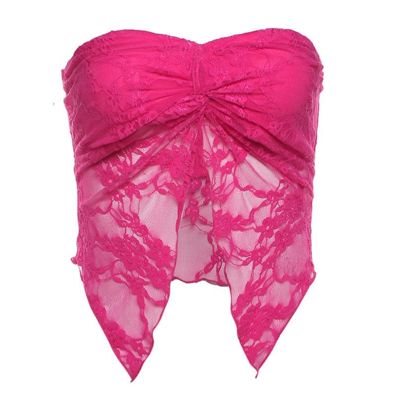 Lace ruched slit ruffle solid tube top  | Festival Outfits Women