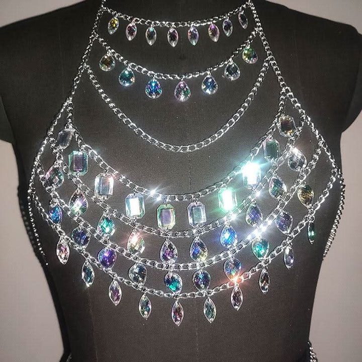 Halter crystal hollow out metal chain waist chain set  | Festival Outfits Women