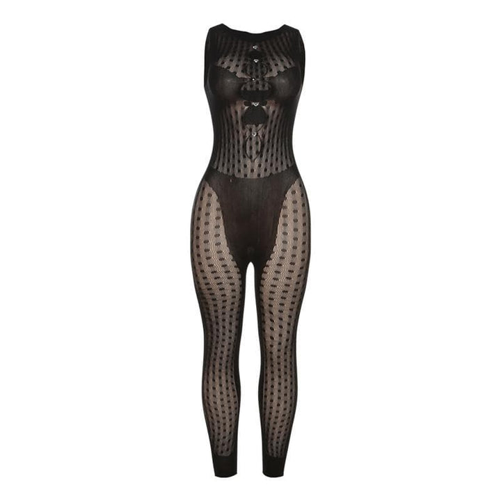 Fishnet button sleeveless solid hollow out jumpsuit-final-sale